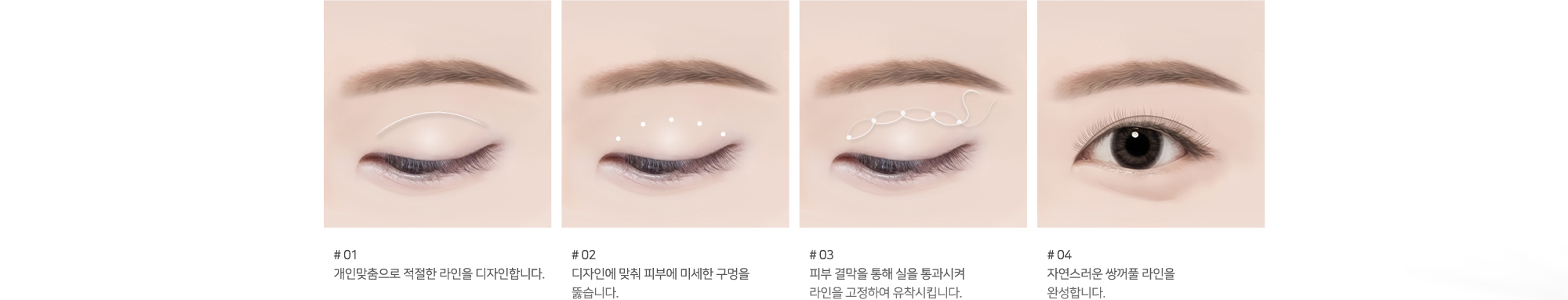#01 개인맞춤으로 적절한 라인을 디자인합니다. #02 디자인에 맞춰 피부에 미세한 구멍을 뚫습니다. #03 피부 결막을 통해 실을 통과시켜 라인을 고정하여 유착시킵니다. #04 자연스러운 쌍꺼풀 라인을 완성합니다.