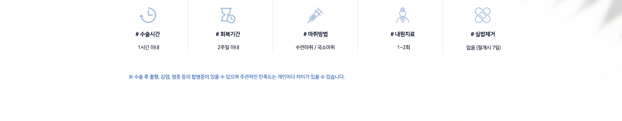 # 수술시간 1시간 이내 # 회복기간 2주일 이내 # 마취방법 수면마취 / 국소마취 # 내원치료 1~2회 # 실밥제거 없음 (절개시 7일) ※ 수술 후 출혈, 감염, 염증 등의 합병증이 있을 수 있으며 주관적인 만족도는 개인마다 차이가 있을 수 있습니다.