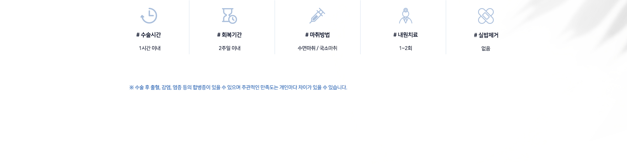 # 수술시간 1시간 이내 # 회복기간 2주일 이내 # 마취방법 수면마취 / 국소마취 # 내원치료 1~2회 # 실밥제거 없음 ※ 수술 후 출혈, 감염, 염증 등의 합병증이 있을 수 있으며 주관적인 만족도는 개인마다 차이가 있을 수 있습니다.