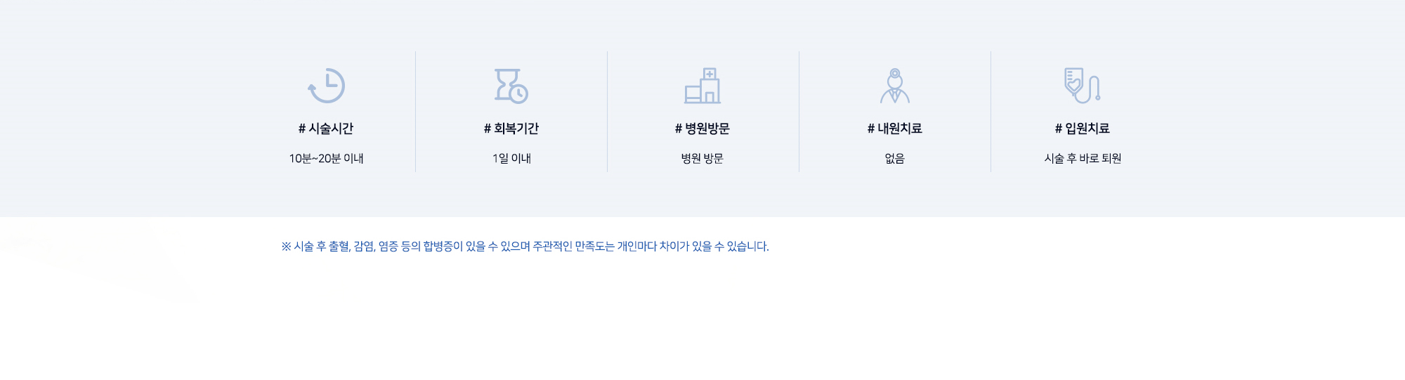 [보톡스 시술정보] # 시술시간 10~20분 이내 # 회복기간 1일 이내 # 병원방문 병원 방문 # 내원치료 없음 # 입원치료 시술 후 바로 퇴원 ※ 시술 후 출혈, 감염, 염증 등의 합병증이 있을 수 있으며 주관적인 만족도는 개인마다 차이가 있을 수 있습니다.