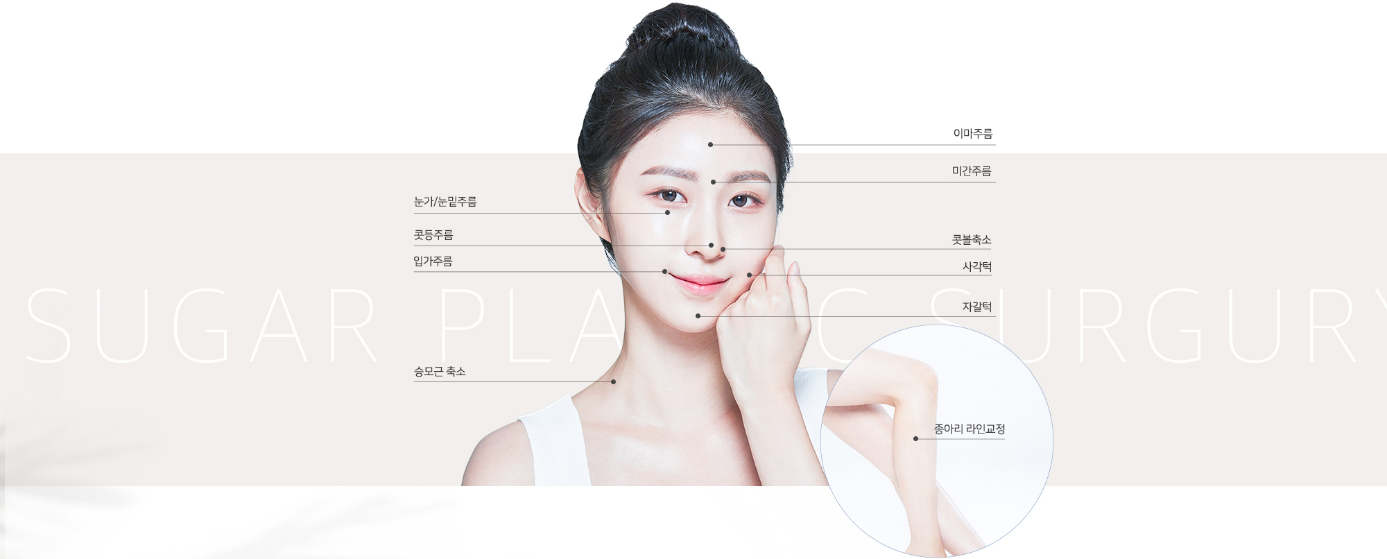 [보톡스 시술부위] 이마주름 / 미간주름 / 눈가, 눈밑주름 / 콧등주름 / 입가주름 / 콧볼축소 / 사각턱 / 자갈턱 / 승모근 축소 / 종아리 라인교정