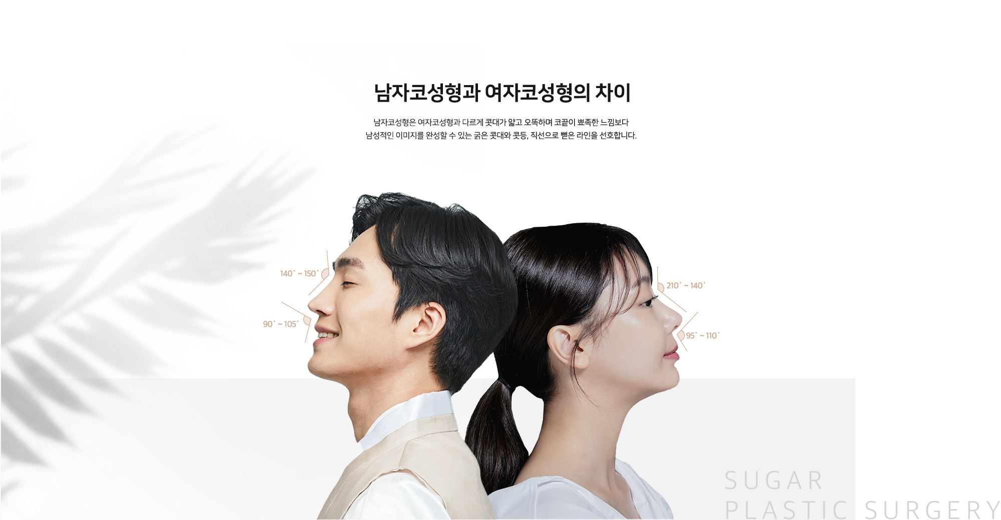 [남자코성형과 여자코성형의 차이] 남자코성형은 여자코성형과 다르게 콧대가 얇고 오뚝하며 코끝이 뾰족한 느낌보다 남성적인 이미지를 완성할 수 있는 굵은 콧대와 콧등, 직선으로 뻗은 라인을 선호합니다.