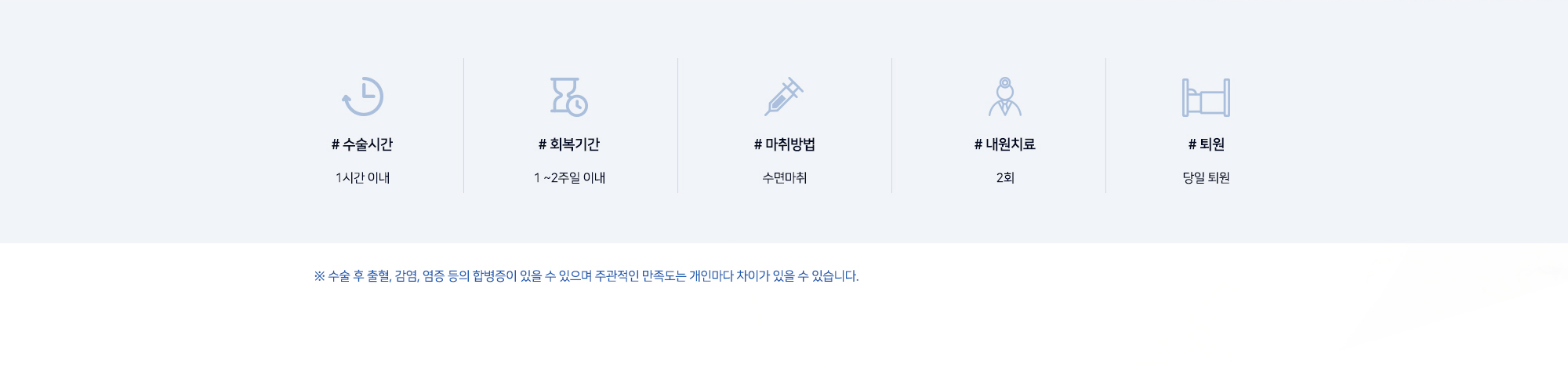 [내시경 이마거상술 수술정보] # 수술시간 1시간 이내 # 회복기간 1~2주일 이내 # 마취방법 수면마취 # 내원치료 2회 # 퇴원 당일 퇴원 ※ 수술 후 출혈, 감염, 염증 등의 합병증이 있을 수 있으며 주관적인 만족도는 개인마다 차이가 있을 수 있습니다.