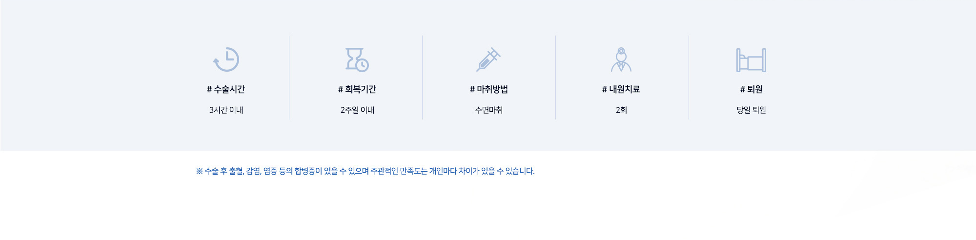 [안면거상술 수술정보] # 수술시간 3시간 이내 # 회복기간 2주일 이내 # 마취방법 수면마취 # 내원치료 2회 # 퇴원 당일 퇴원 ※ 수술 후 출혈, 감염, 염증 등의 합병증이 있을 수 있으며 주관적인 만족도는 개인마다 차이가 있을 수 있습니다.