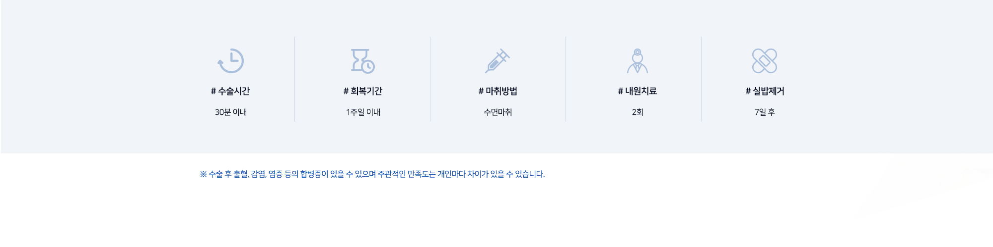 콧볼축소 수술정보 # 수술시간 30분 이내 # 회복기간 1주일 이내 # 마취방법 수면마취 # 내원치료 2회 # 실밥제거 7일 후 ※ 수술 후 출혈, 감염, 염증 등의 합병증이 있을 수 있으며 주관적인 만족도는 개인마다 차이가 있을 수 있습니다.