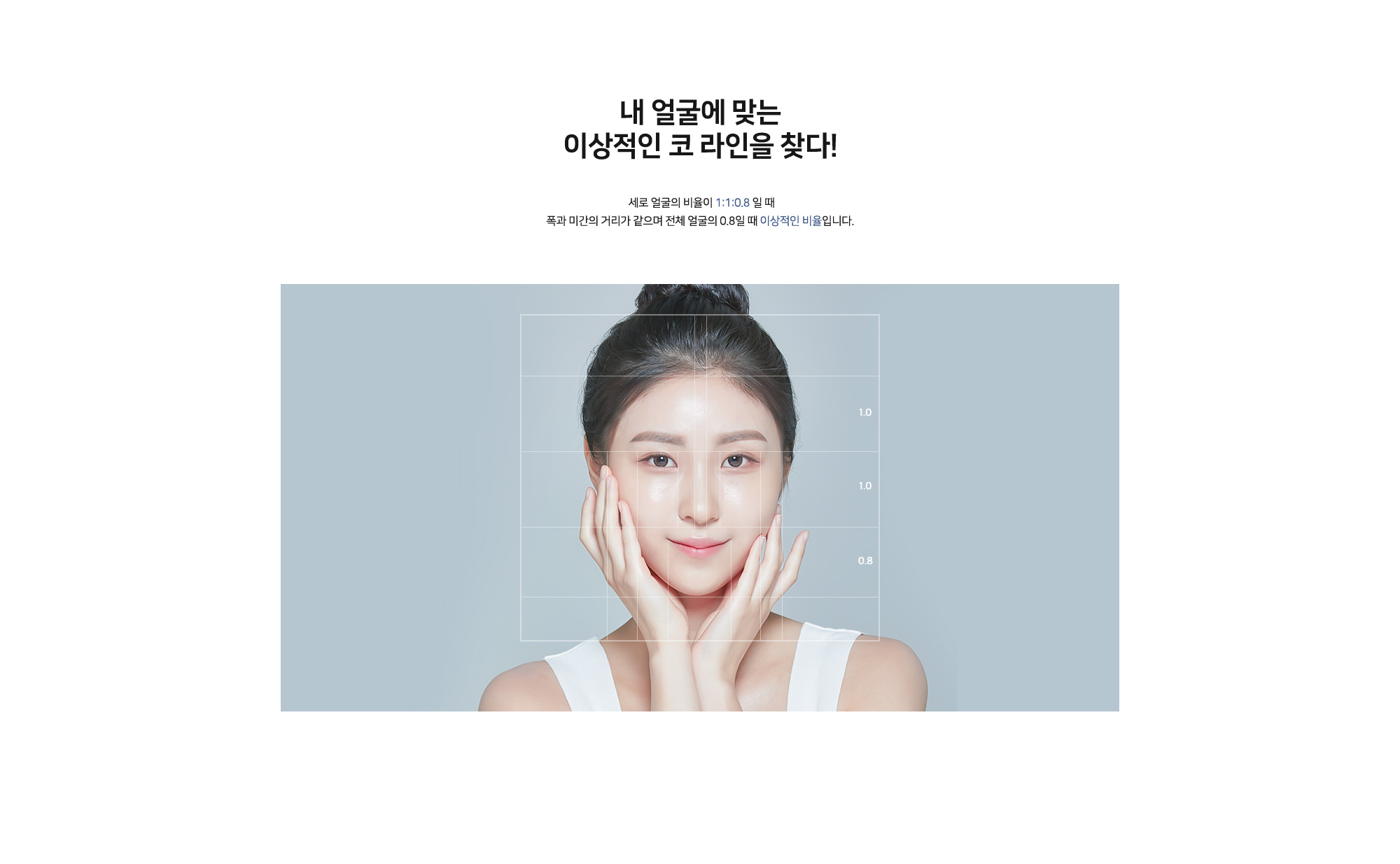[내 얼굴에 맞는 이상적인 코 라인을 찾다!] 세로 얼굴의 비율이 1:1:0.8 일 때 폭과 미간의 거리가 같으며 전체 얼굴의 0.8일 때 이상적인 비율입니다. 1.0 / 1.0 / 0.8