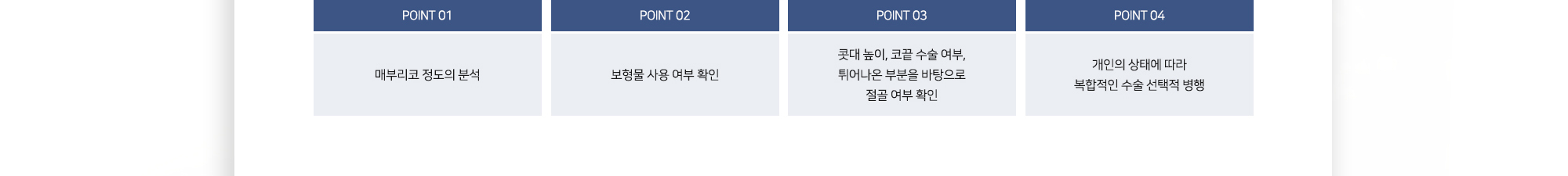 POINT 01 매부리코 정도의 분석 POINT 02 보형물 사용 여부 확인 POINT 03 콧대 높이, 코끝 수술 여부, 튀어나온 부분을 바탕으로 절골 여부 확인 POINT 04 개인의 상태에 따라 복합적인 수술 선택적 병행