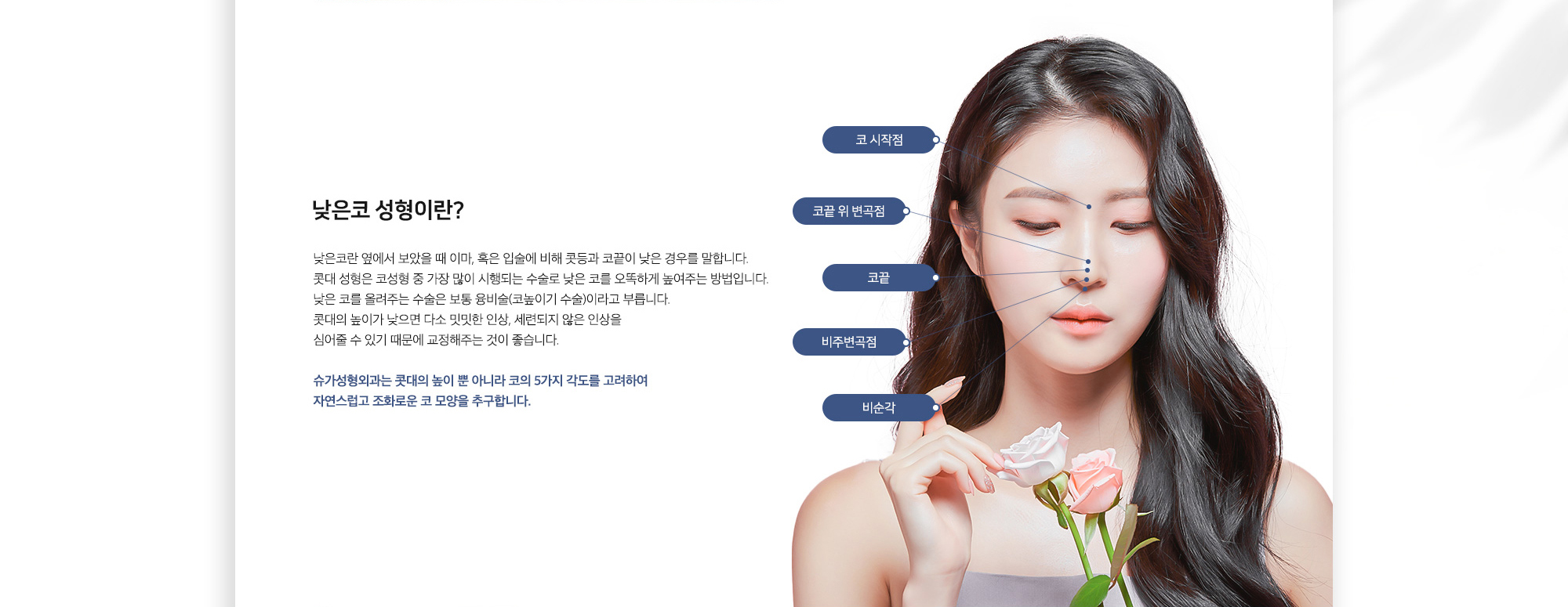 낮은코 성형이란? 낮은코란 옆에서 보았을 때 이마, 혹은 입술에 비해 콧등과 코끝이 낮은 경우를 말합니다. 콧대 성형은 코성형 중 가장 많이 시행되는 수술로 낮은 코를 오뚝하게 높여주는 방법입니다. 낮은 코를 올려주는 수술은 보통 융비술(코높이기 수술)이라고 부릅니다. 콧대의 높이가 낮으면 다소 밋밋한 인상, 세련되지 않은 인상을 심어줄 수 있기 때문에 교정해주는 것이 좋습니다. 슈가성형외과는 콧대의 높이 뿐 아니라 코의 5가지 각도를 고려하여 자연스럽고 조화로운 코 모양을 추구합니다. 코 시작점, 코끝 위 변곡점, 코끝, 비주변곡점, 비순각.