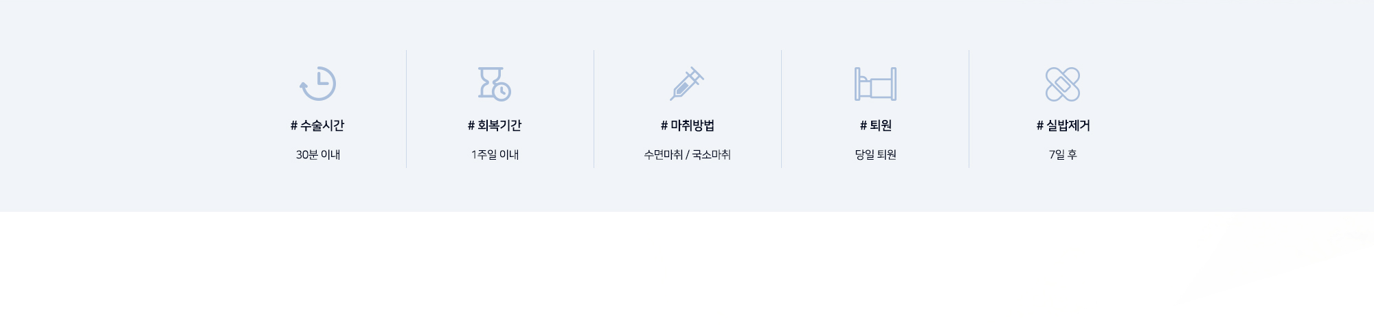 # 수술시간 : 30분 이내   # 회복기간 : 1주일 이내   # 마취방법 : 수면마취 / 국소마취   # 퇴원 : 당일 퇴원   # 실밥제거 : 7일 후   ※ 수술 후 출혈, 감염, 염증 등의 합병증이 있을 수 있으며 주관적인 만족도는 개인마다 차이가 있을 수 있습니다.