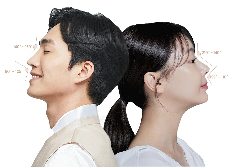 남자코성형과 여자코성형의 차이 — 남성 140°~150°·90°~105°, 여성 210°~140°·95°~110° 측면 각도 비교