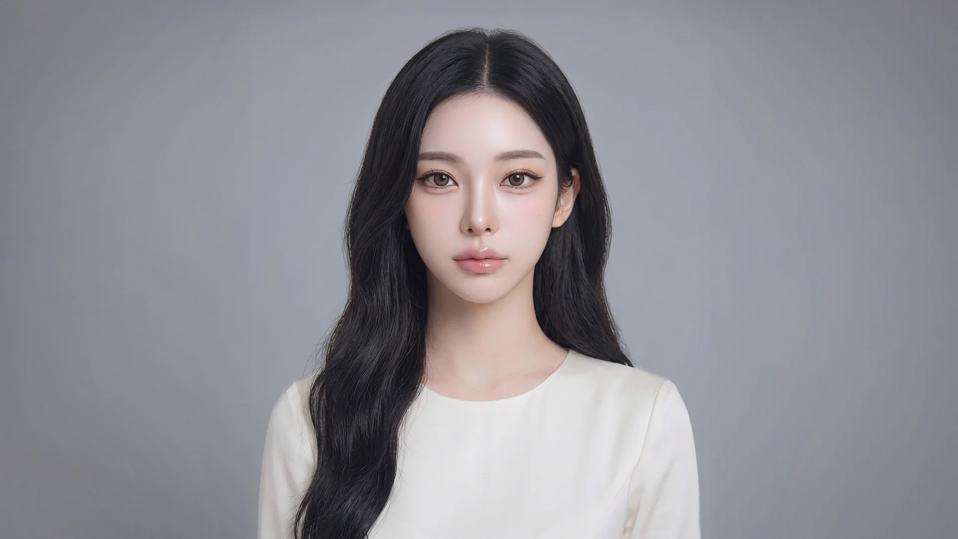 울쎄라 리프팅 메인 비주얼, 긴 검은 머리와 또렷한 얼굴 윤곽의 여성 정면 초상